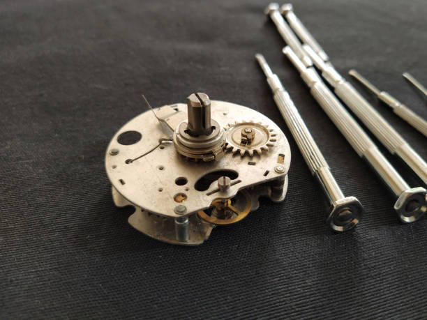 시계 메커니즘. 시계 메커니즘 및 소형 드라이버 - watch maker work tool watch equipment 뉴스 사진 이미지