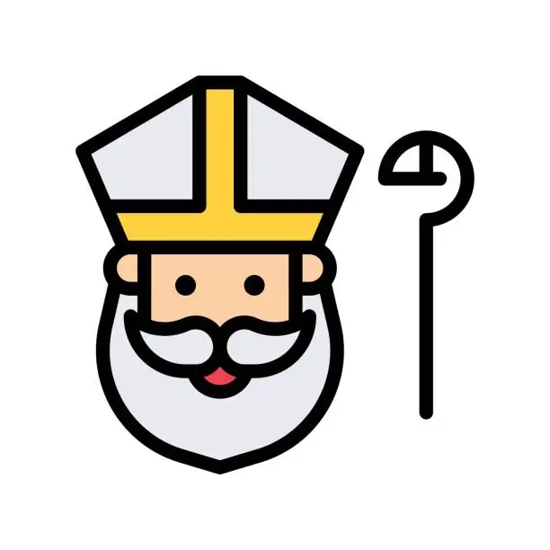 Vector illustration of Saint Patrick related beard saint Patrick face with hat and stick vector with editable stroke,