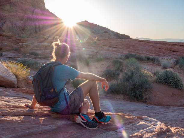 istock Hiker man contemplating red sandstone at sunrise 1215313670