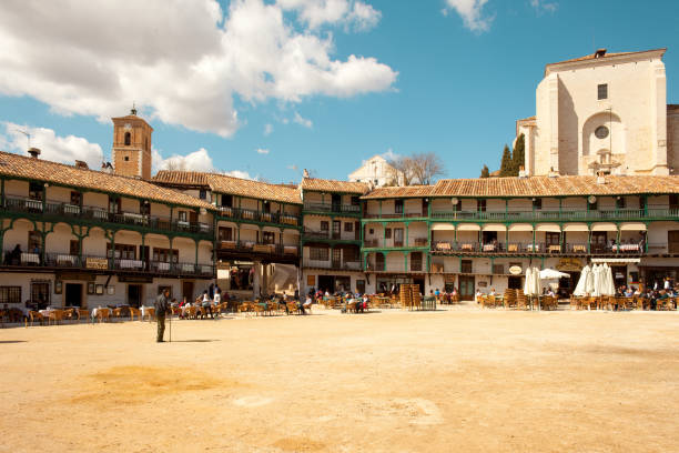 Plaza Mayor, the main Square at Chinches a small village of traditional Spanish architecture. stock photo