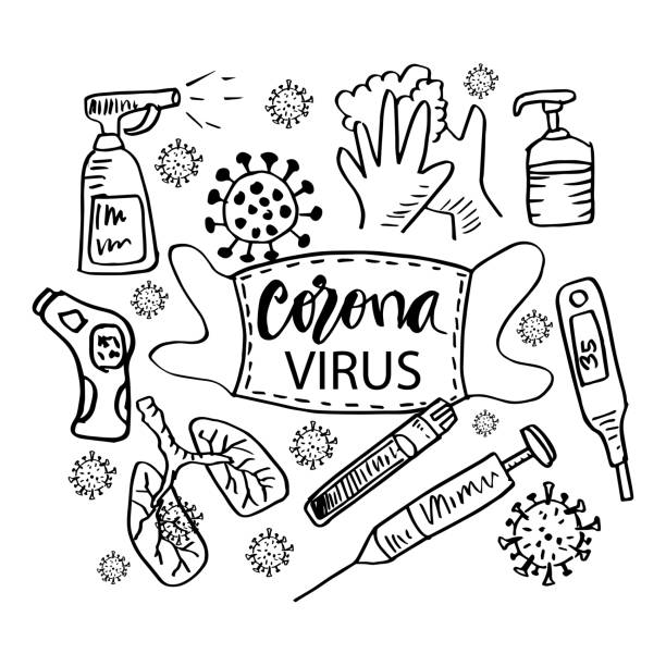 illustrazioni stock, clip art, cartoni animati e icone di tendenza di doodle set di coronavirus covid 19 - thermometer healthcare and medicine backgrounds isolated