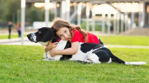 Beautiful young girl is hugging her pet and stroking its fur. Cute photo of dog and its owner relaxing on the grass. Faithful friends of human. Concepts of friendship, pretty leasure, togetherness