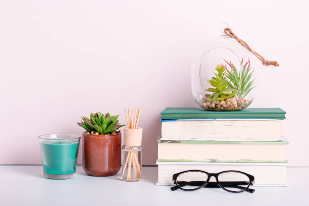 istock Books stack, eyeglasses, house plants succulents and fragrant candle and sticks. Background for World Book Day. Still life with stack of colorful books and home interior decor 1215318992