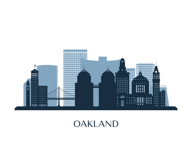 ilustraciones, imágenes clip art, dibujos animados e iconos de stock de skyline de oakland, silueta monocroma. ilustración vectorial. - oakland california