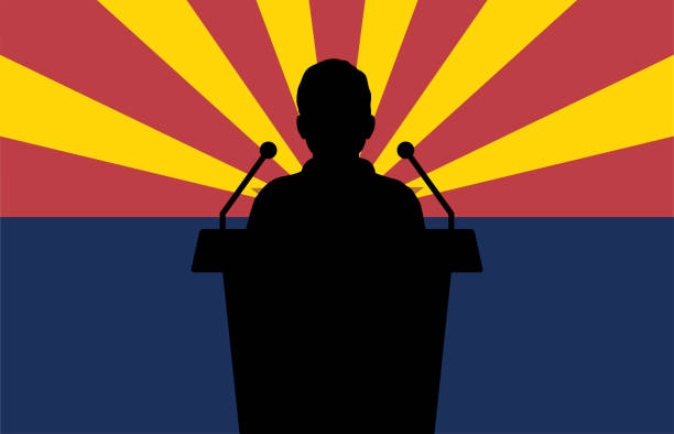 Arizona USA Flag Background Man Speaks. Business Man Presentation Conference Concept. Arizona USA Flag Background Man Speaks. Business Man Presentation Conference Concept. speaker of the house stock illustrations