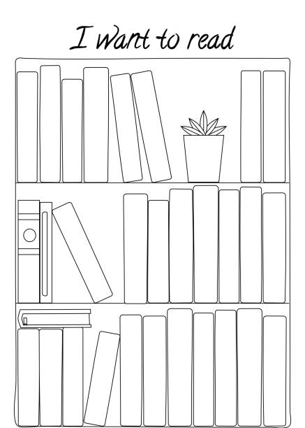 Vector illustration for printable with shelf and books on white background. Minimalist planner of reading for journal page, habit tracker, daily planner template, blank for notebook. A4 paper sheet. organized bookshelf stock illustrations