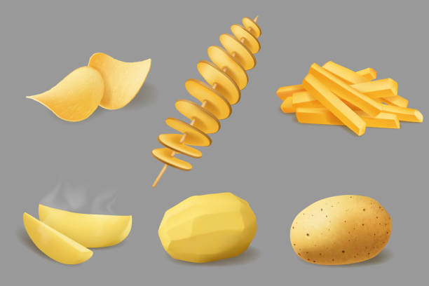 감자 칩, 감자 튀김과 토네이도, 사실적인 음식 - baking potato stock illustrations