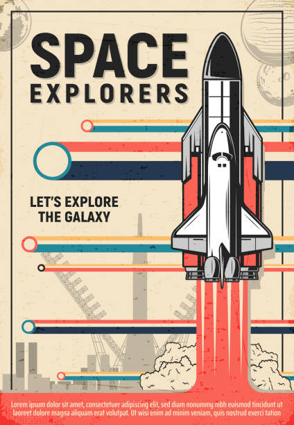 Space explorers. Rocket or shuttle launch Space rocket launch poster of galaxy explorers and astronomy science. Vector shuttle or spaceship liftoff from launch pad of spaceport or cosmodrome with blast fire, smoke and planets retro design rocket launch platform stock illustrations