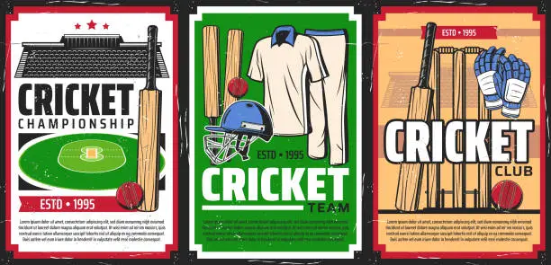 Vector illustration of Cricket sport stadium and game equipment