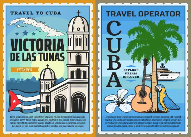Vector illustration of Cuba map, flag, Caribbean beach palm. Cuban travel