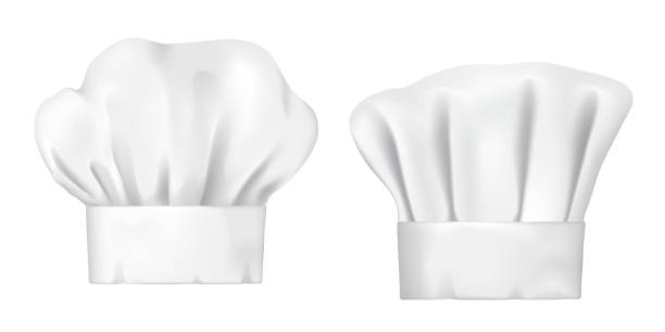 White chef hat and baker toque realistic 3d Chef hats, realistic 3d cook cap and baker toque. White chef hats vector design of bakery, pastry and restaurant uniform headwear, professional clothing of kitchen staff chefs hat stock illustrations