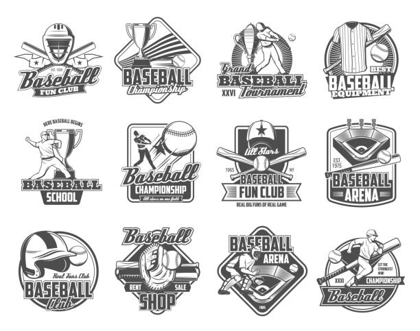 illustrations, cliparts, dessins animés et icônes de joueur de base-ball avec la bille de sport, la batte, les icônes de gant - infield