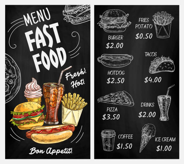 Blackboard Menu With Chalk Sketches Of Fast Food Stock