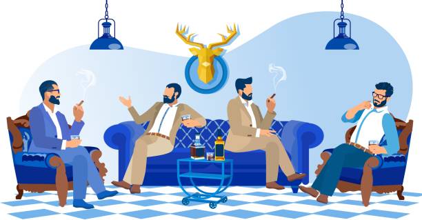 illustrazioni stock, clip art, cartoni animati e icone di tendenza di uomini eleganti barbuto che fumano sigari, bevono alcolici - cigar whisky men smoking