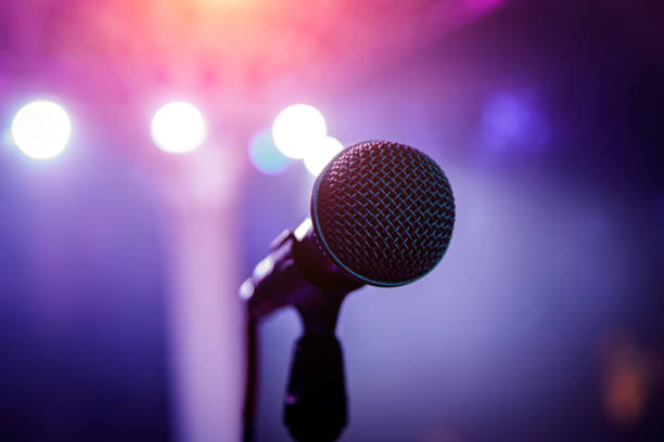 istock Microphone head on stage in a dark room. 1215328611