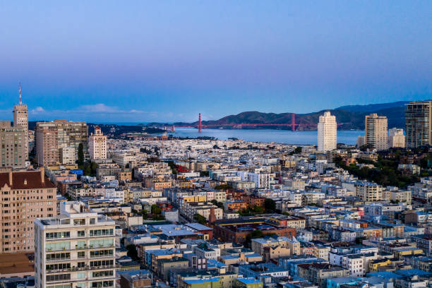 Panoramic Aerial View above Nob Hill An aerial view above Nob Hill in San Francisco. Panoramic view looking over Russian Hill , Pacific Height all the way to the Golden Gate Bridge with a majestic blue and purple sky. san francisco county city california urban scene stock pictures, royalty-free photos & images