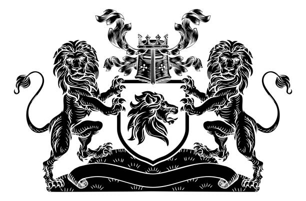 illustrazioni stock, clip art, cartoni animati e icone di tendenza di emblema scudo stemma araldico leone - lion coat of arms shield backgrounds