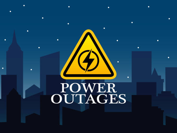 Power Outage sign on the blue background Power Outage sign on the blue background of the city without electricity glitch generator stock illustrations