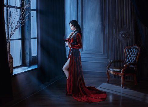 Hermosa joven mujer sexy vampiro en el castillo oscuro medieval. Vestido gótico largo rojo. Pelo ondulado negro. Habitación vintage con telón de fondo. Sostenga el vino de sangre de vidrio. imagen reina de la noche horror vacaciones halloween photo