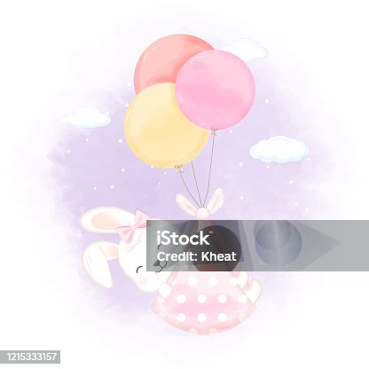 istock Cute rabbit with balloon hand drawn newborn cartoon illustration 1215333157