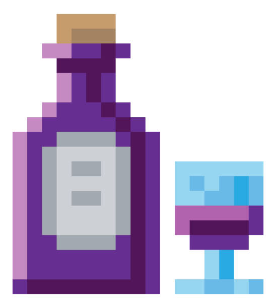 illustrazioni stock, clip art, cartoni animati e icone di tendenza di icona arte dei videogiochi bicchiere bottiglia di vino a 8 bit - computer icon symbol cork wine