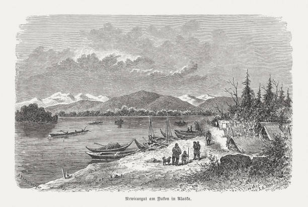 ilustrações, clipart, desenhos animados e ícones de aldeia koyukon no rio nowitna, alasca, xiloga, publicado em 1893 - national wildlife reserve illustrations