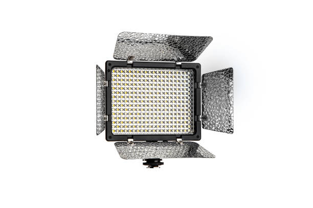 photo and video lamp isolate on white background. led lamp with special shutters for the formation of light flux. photo and video lighting fixture. - control panel flash imagens e fotografias de stock