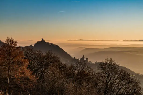 The Castle Drachenfels on the Mountain Drachenfells near Bonn and Königswinter with its breathtaking scenic view over the Rhine River, the Siebengebirge and the cities and towns around.