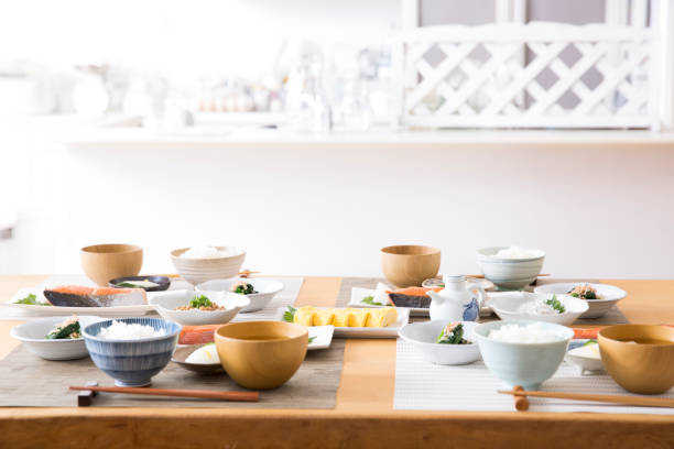 Japanese Breakfast in the Kitchen Japanese Breakfast in the Kitchen washoku stock pictures, royalty-free photos & images