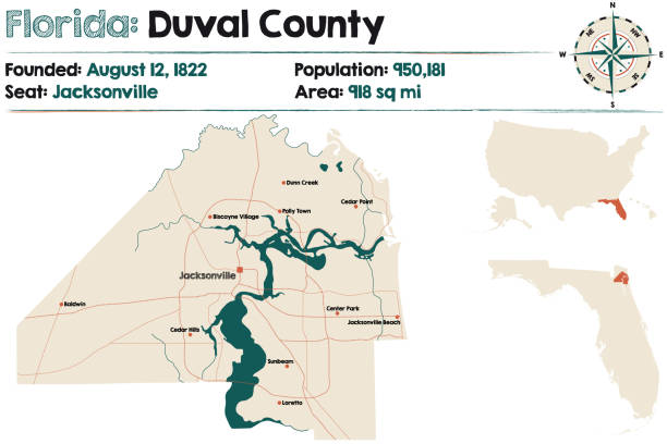 Map of Duval County in Florida Large and detailed map of Duval county in Florida, USA. jacksonville florida stock illustrations