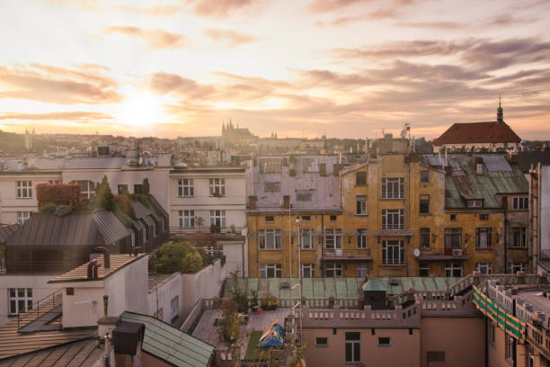 istock Beautiful autumn sunset over Prague captured from the rooftop 1215340347