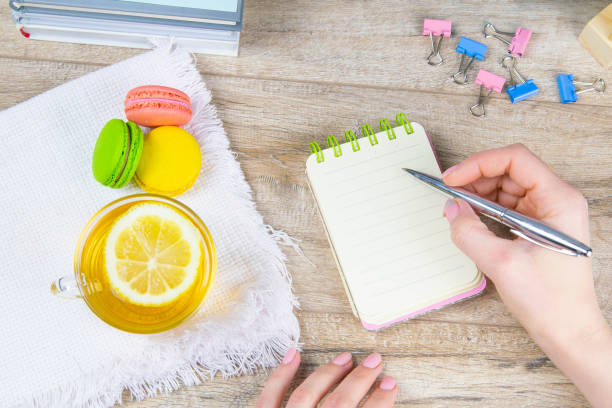 istock The hand holds a silver pen and writes in an open notebook, next to a notebook on a white towel there is mint tea with lemon and multi-colored muffins 1215340642
