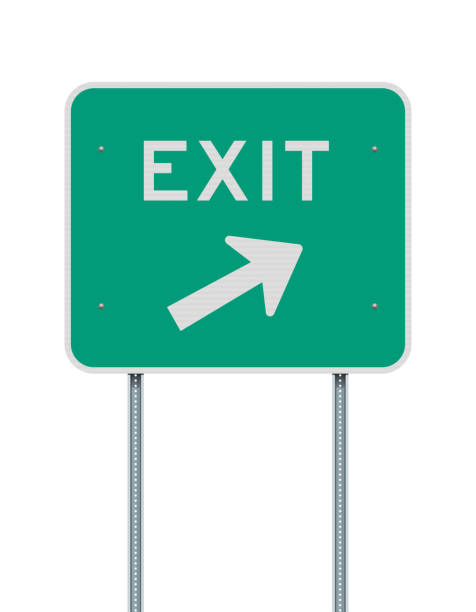 Exit direction road sign Vector illustration of the Exit direction arrow to the right green road sign on metallic posts road sign illustrations stock illustrations