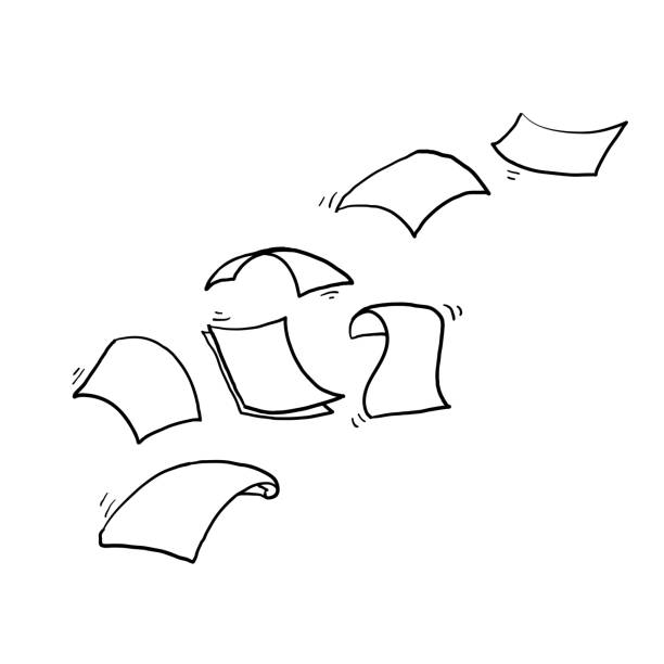 handgezeichnete fallpapierbögen. fliegende papierseiten, weiße blattdokumente und leere dokumentseite auf wind. fliegen sie verstreute notizen, leere chaotische papiere.doodle - flying paper stock-grafiken, -clipart, -cartoons und -symbole