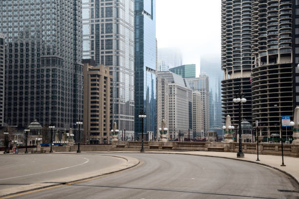 Chicago, Illinois, USA - 03/26/2020, 10:30 am: Stay-at-Home Order due to the Corona virus outbreak. View of empty Upper Wacker drive in  Downtown Chicago