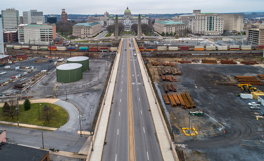 Harrisburg, the Capital of Pennsylvania, is deserted in the times of coronavirus pandemic outbreak even in weekday's morning. Drone aerial photo.