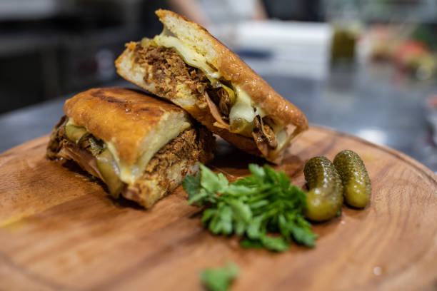 istock Delicious sandwich with beef meat on cutting board 1215347914
