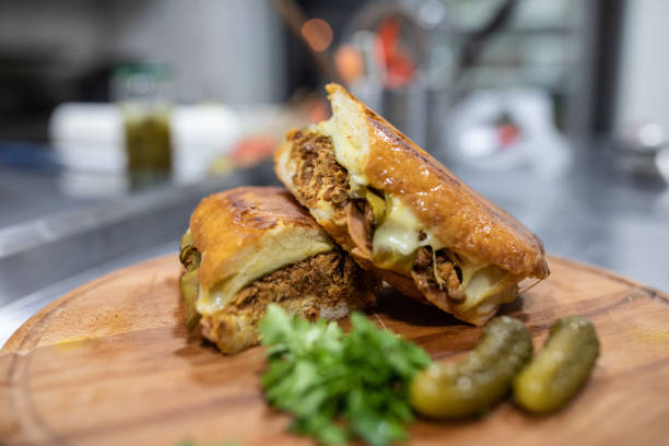 istock Tasty sandwich with beef meat on cutting board 1215347949