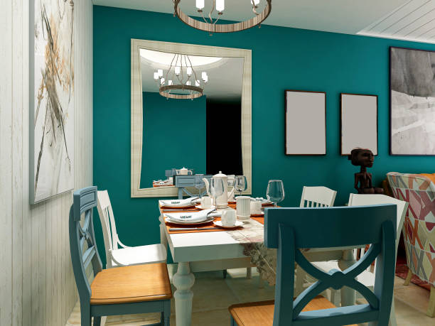 istock 3D rendering, dining area design in exotic colors, wooden dining table and chairs 1215350267
