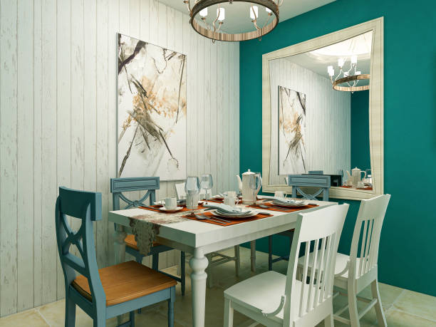 istock 3D rendering, dining area design in exotic colors, wooden dining table and chairs 1215350268
