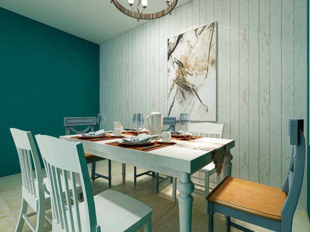 istock 3D rendering, dining area design in exotic colors, wooden dining table and chairs 1215350269