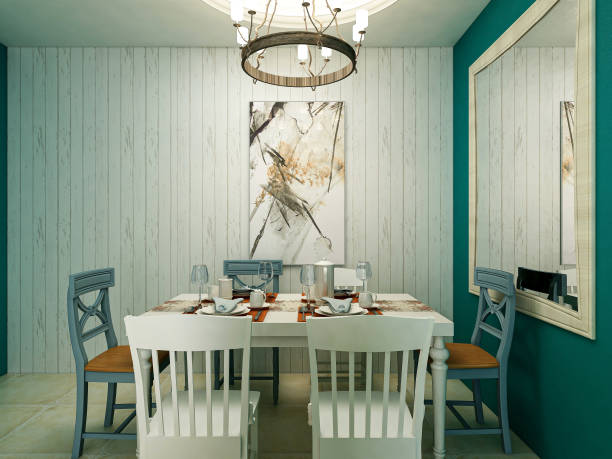 istock 3D rendering, dining area design in exotic colors, wooden dining table and chairs 1215350271
