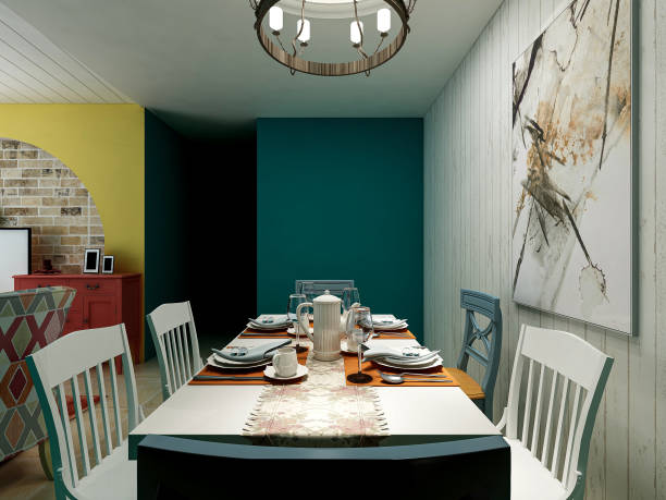 istock 3D rendering, dining area design in exotic colors, wooden dining table and chairs 1215350273