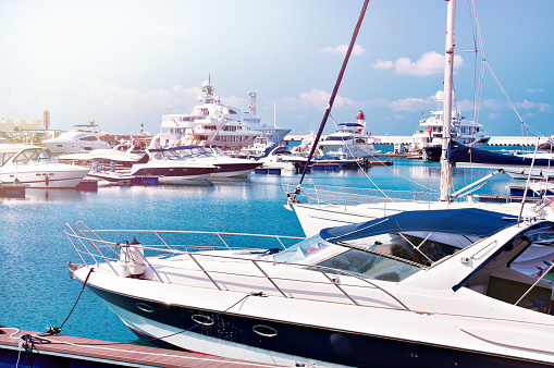 Aerial view on marina bay with sailboats and yachts.  http://santoriniphoto.com/Template-Sailing.jpg