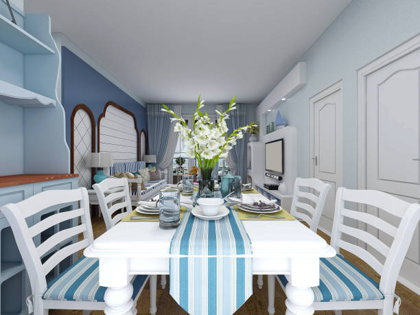 istock .3D rendering, blue Mediterranean style dining area design, wooden dining table and chairs. 1215350613