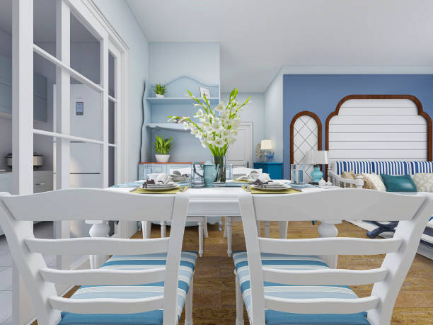 istock .3D rendering, blue Mediterranean style dining area design, wooden dining table and chairs. 1215350621