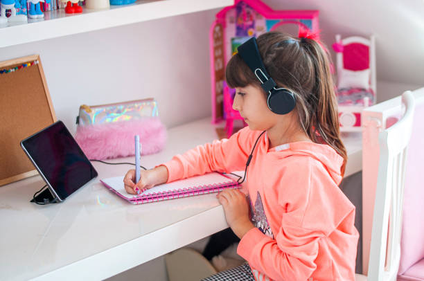istock Cute girl online education at home 1215351274