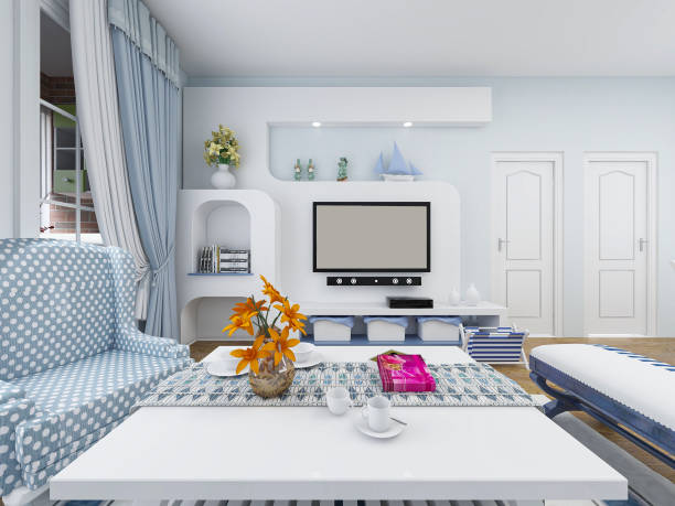 istock 3d rendering, a spacious living room design in a blue Mediterranean-style house with sofas, coffee tables, decorative paintings, etc. 1215351291
