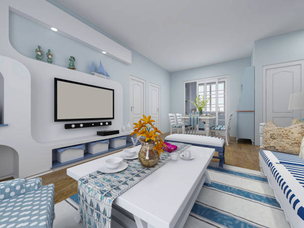 istock 3d rendering, a spacious living room design in a blue Mediterranean-style house with sofas, coffee tables, decorative paintings, etc. 1215351295