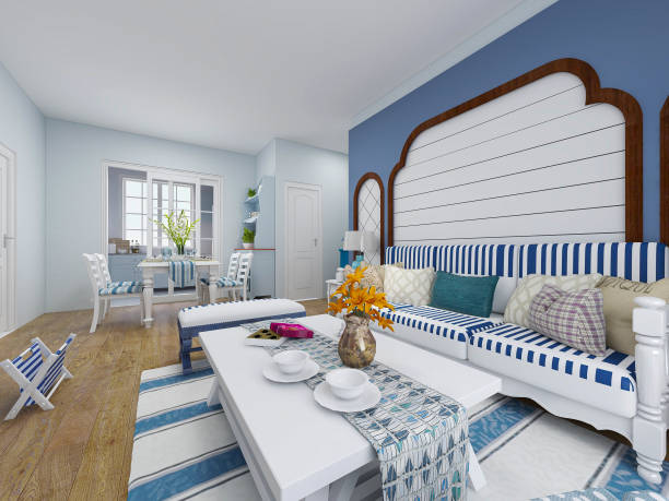 istock 3d rendering, a spacious living room design in a blue Mediterranean-style house with sofas, coffee tables, decorative paintings, etc. 1215351298